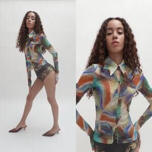Kim Shui Mesh Print Wave Top Small Summer Runway Abstract‎ Night Out
